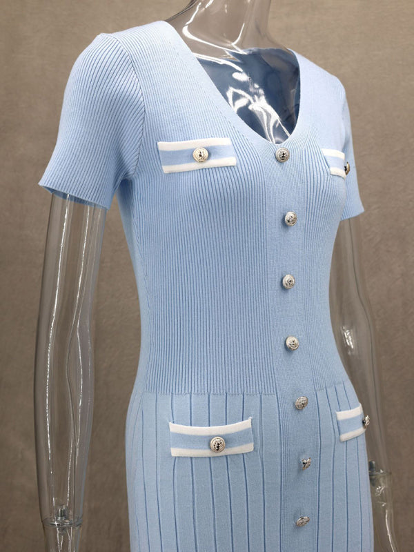 Knitted short sleeve V neck dress