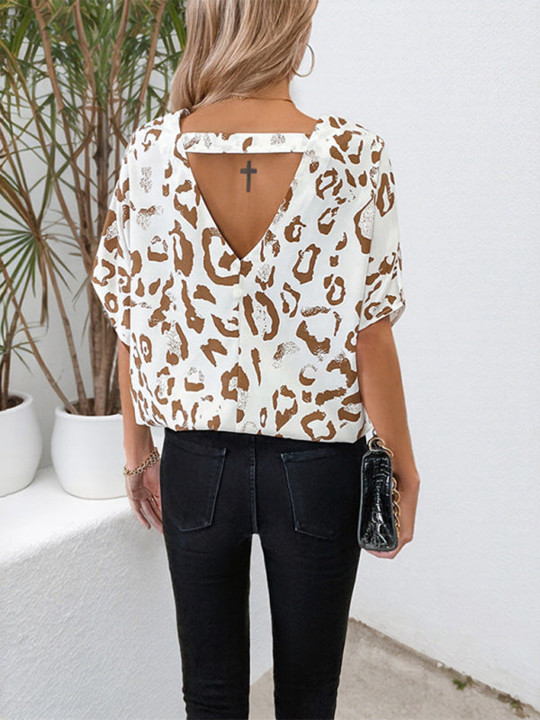 V-neck bat sleeve leopard print backless shirt