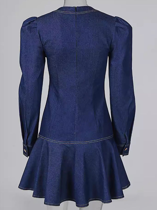 V puff sleeve tight ruffle dress