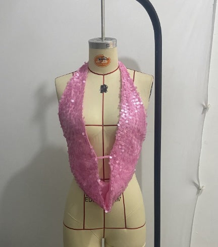 Sequined Halter Back Top