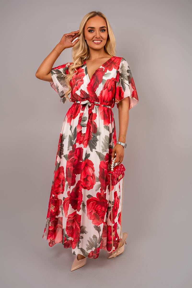 Floral V Neck Short Sleeve Maxi Dress with Tie Waist