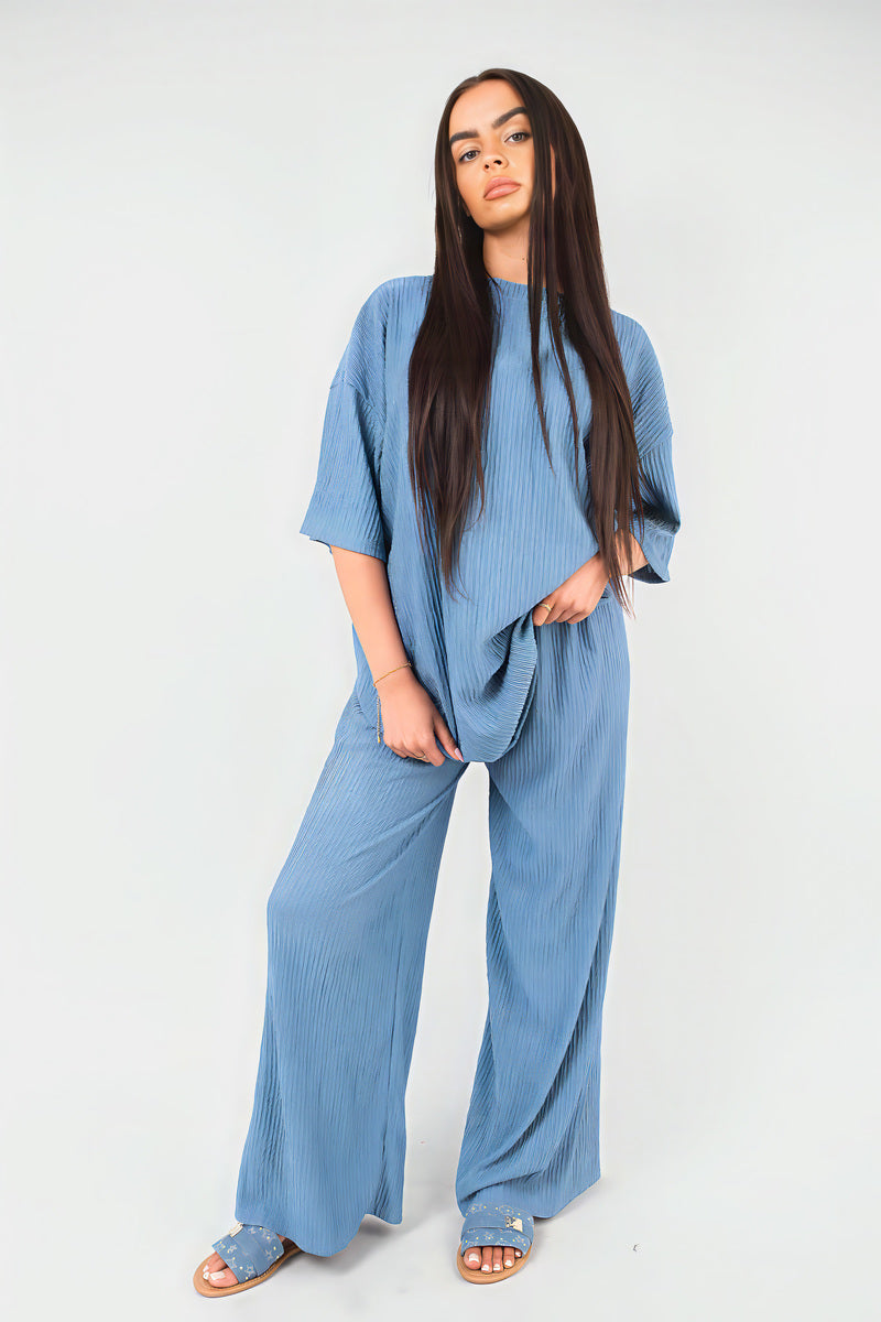 Ribbed Oversized Top and Drawstring Wide Leg Trouser Co-ord Set