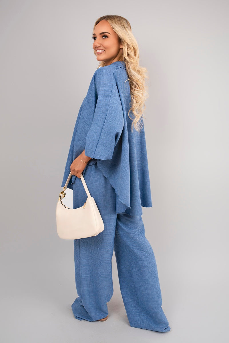 Button Down Long Sleeve Shirt and Wide Leg Trousers Co-ord Set