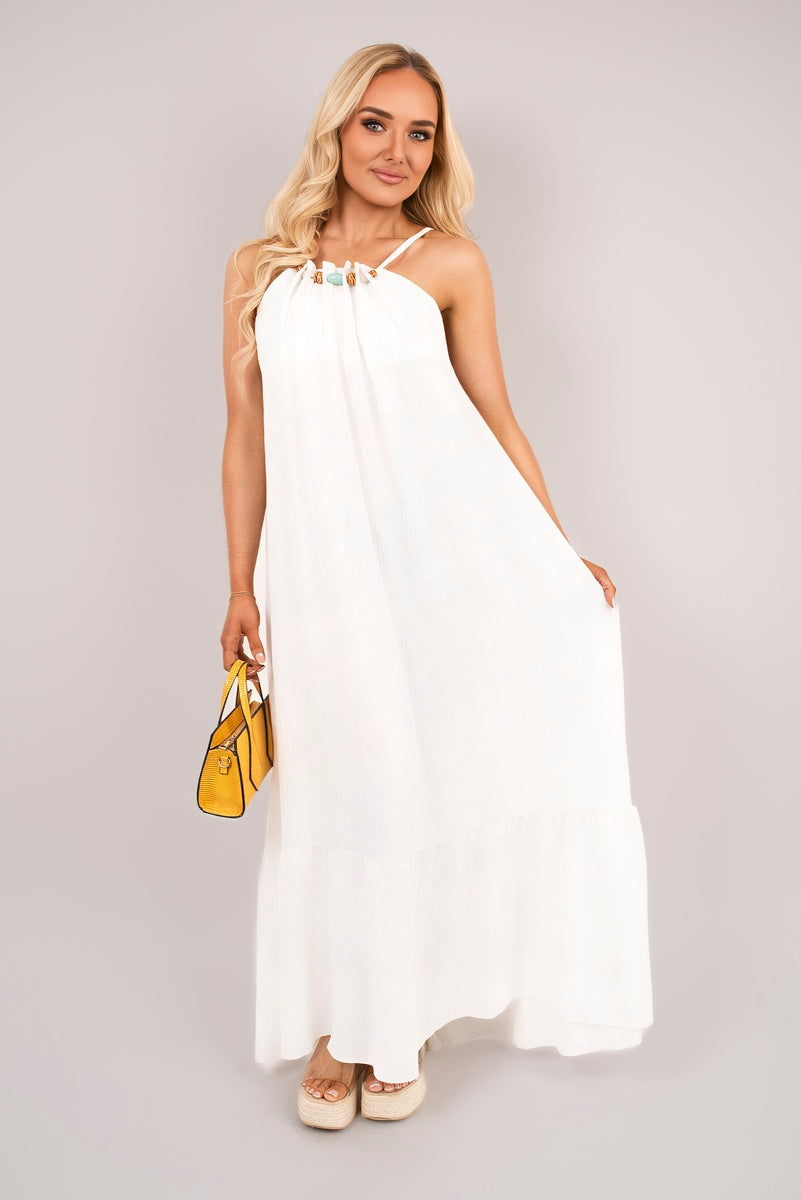 Sleeveless Beaded Halter Neck Maxi Dress with Tiered Hem