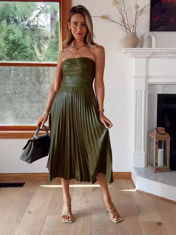 Tube Top Pleated Leather Dress