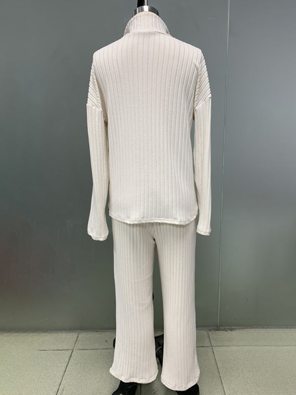 New women's solid color zipper knitted suit high collar ribbed home wear two-piece suit