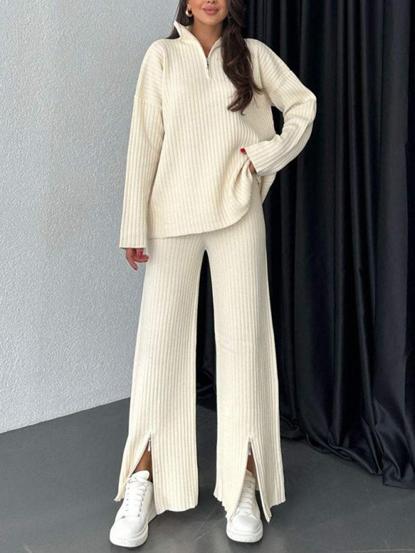 New women's solid color zipper knitted suit high collar ribbed home wear two-piece suit
