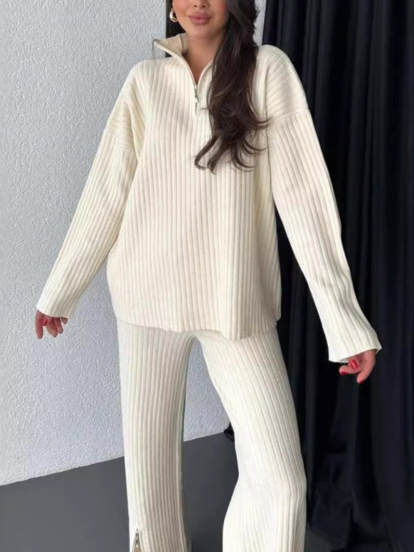 New women's solid color zipper knitted suit high collar ribbed home wear two-piece suit