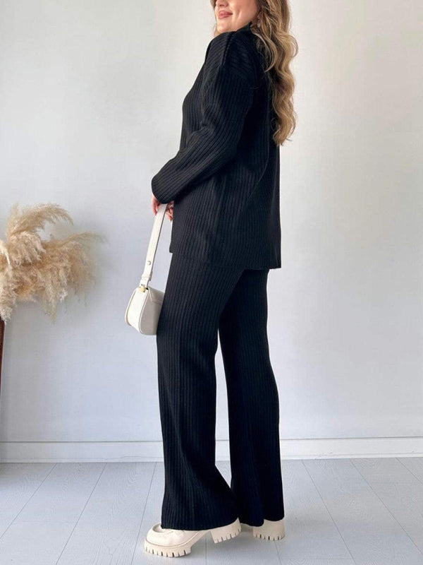 New women's solid color zipper knitted suit high collar ribbed home wear two-piece suit