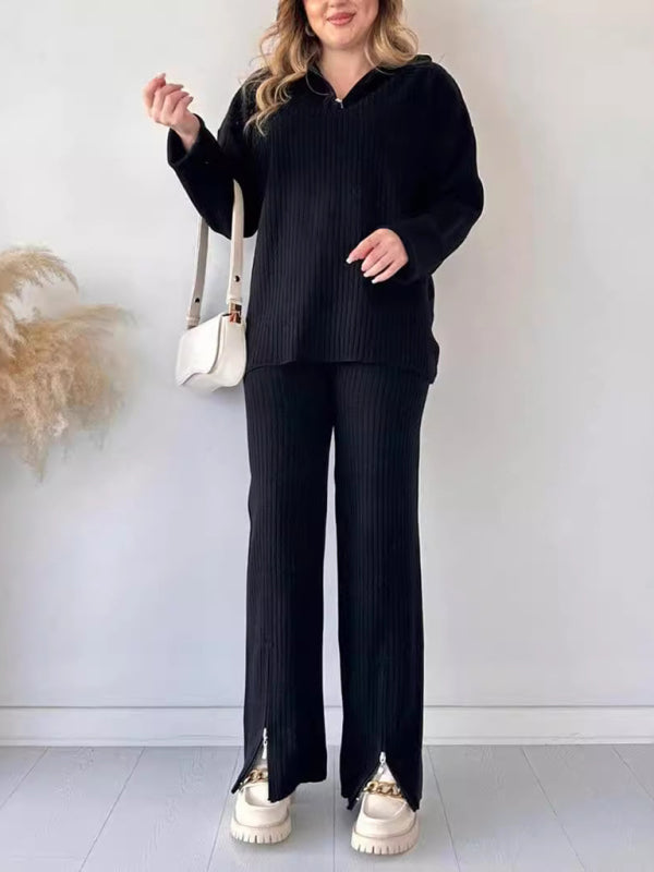 New women's solid color zipper knitted suit high collar ribbed home wear two-piece suit