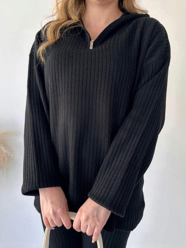 New women's solid color zipper knitted suit high collar ribbed home wear two-piece suit