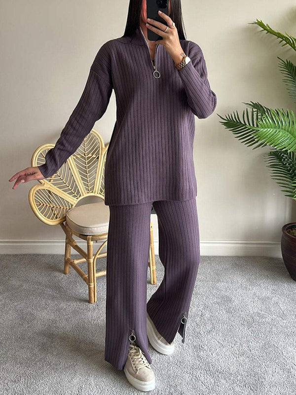 New women's solid color zipper knitted suit high collar ribbed home wear two-piece suit