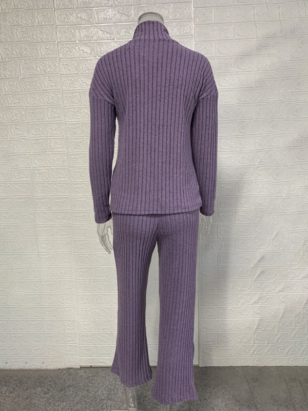 New women's solid color zipper knitted suit high collar ribbed home wear two-piece suit