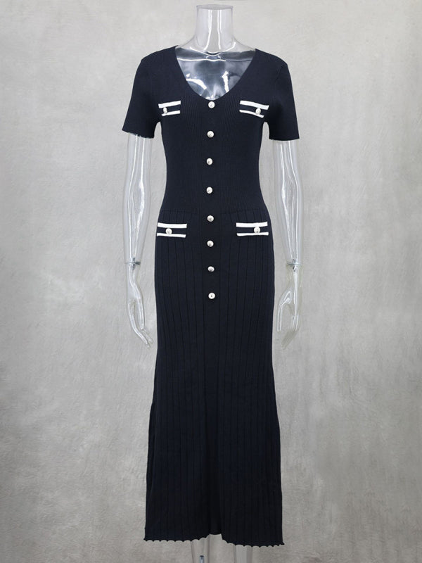 Knitted short sleeve V neck dress