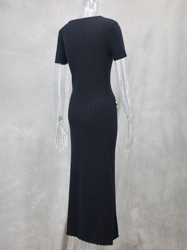 Knitted short sleeve V neck dress