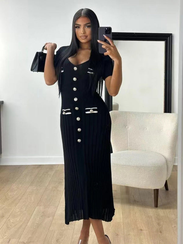 Knitted short sleeve V neck dress