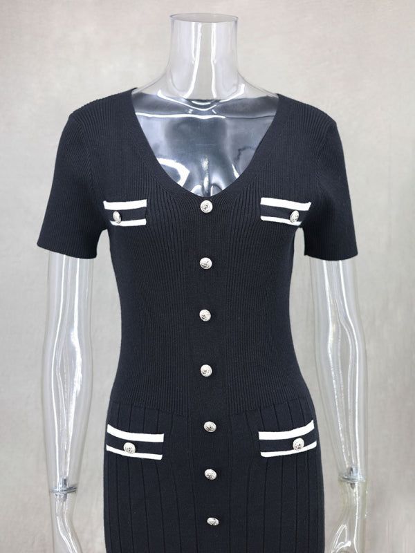 Knitted short sleeve V neck dress