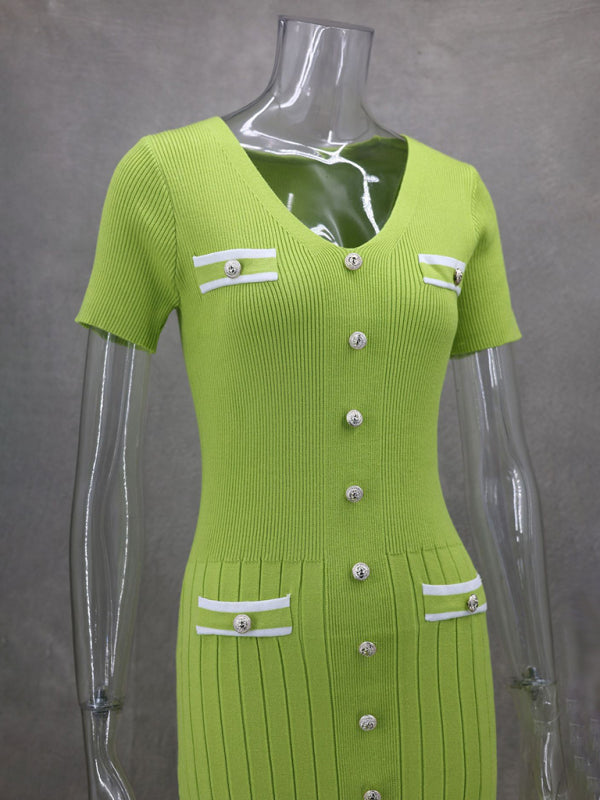 Knitted short sleeve V neck dress