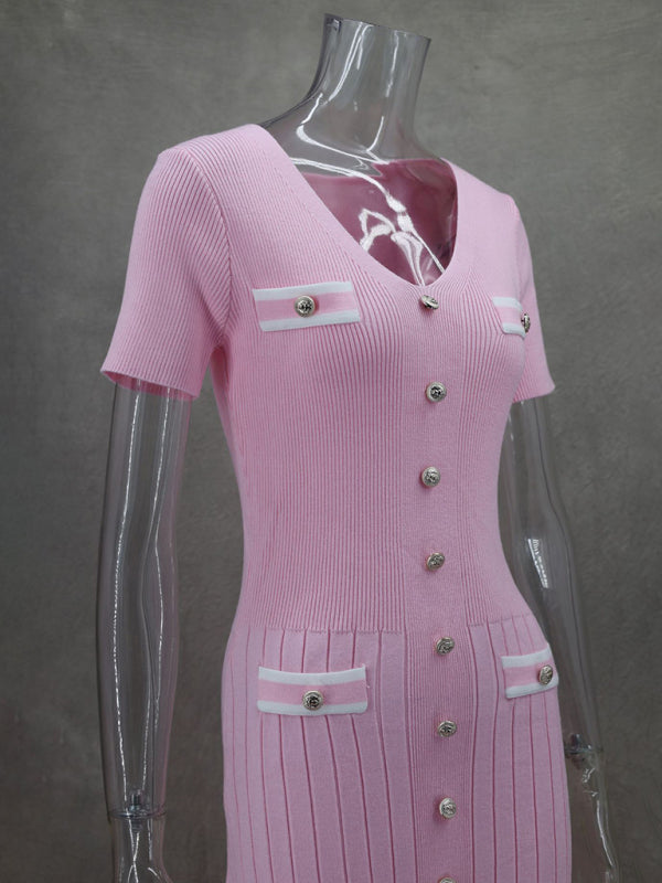 Knitted short sleeve V neck dress