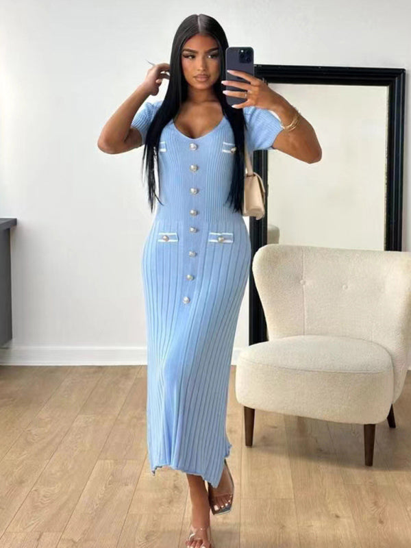 Knitted short sleeve V neck dress