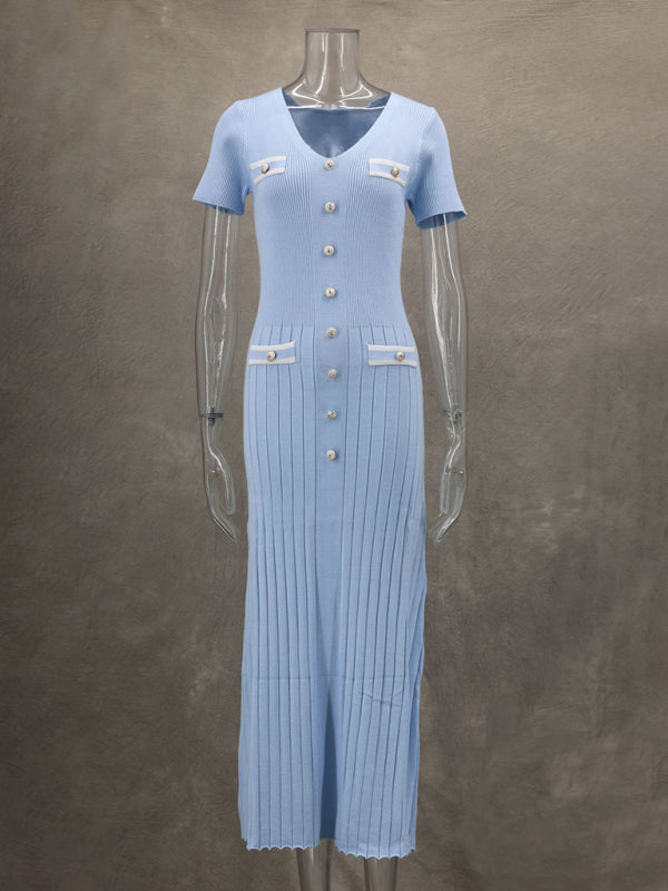 Knitted short sleeve V neck dress