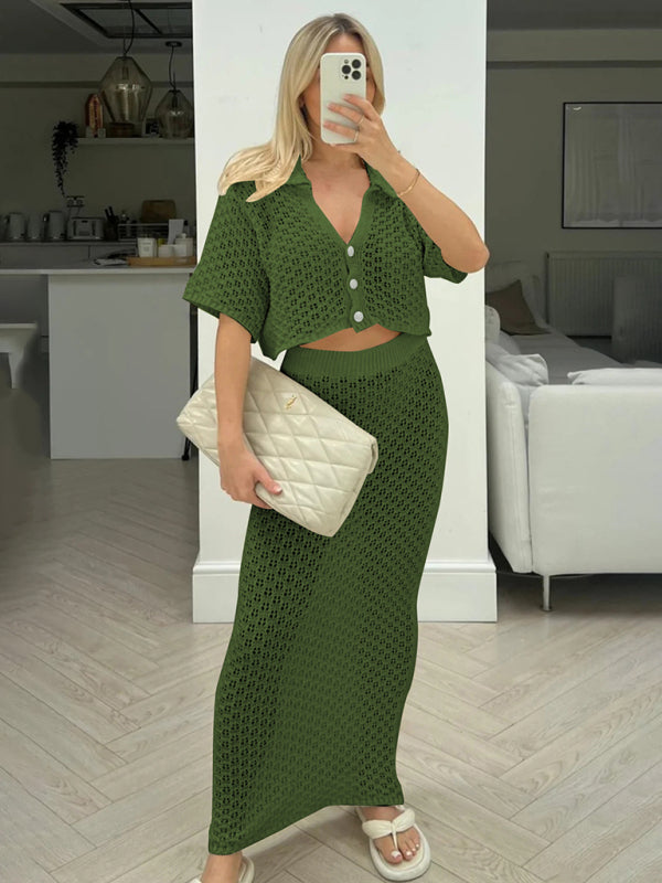 Knitted Crochet Dress Suit Multicolor Cardigan Button Skirt All-match Set