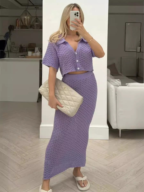 Knitted Crochet Dress Suit Multicolor Cardigan Button Skirt All-match Set