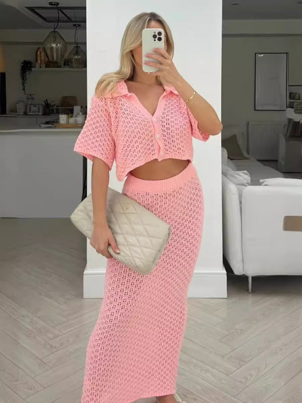 Knitted Crochet Dress Suit Multicolor Cardigan Button Skirt All-match Set