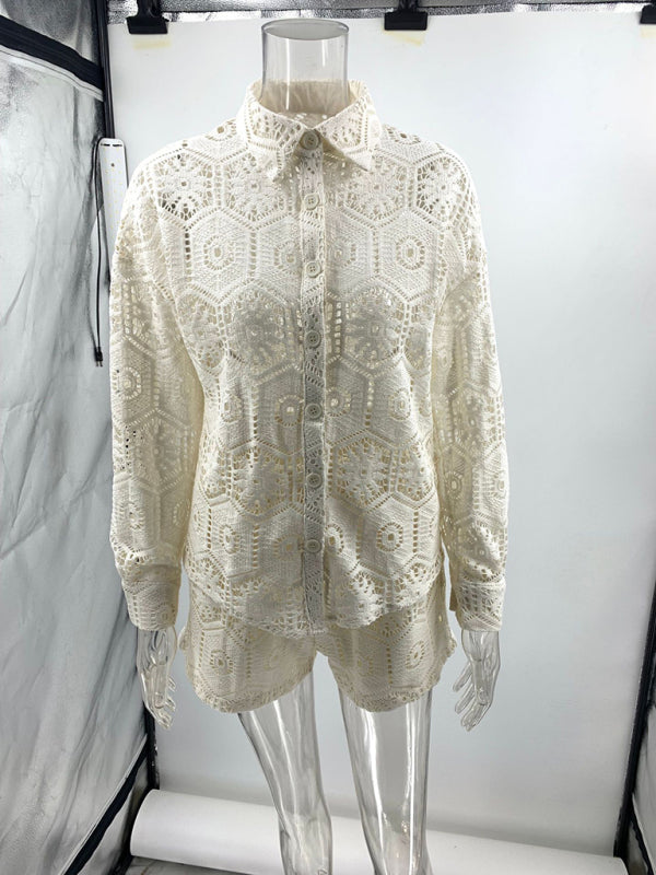 Casual style lapel single-breasted stand-up collar top lace shorts set