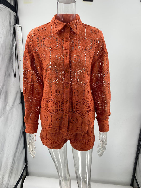 Casual style lapel single-breasted stand-up collar top lace shorts set