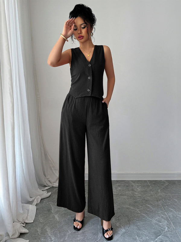 Simple sleeveless vest wide-leg trousers two-piece set
