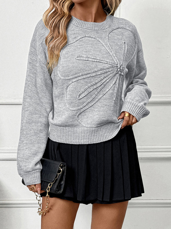 Three-dimensional Flower Round Neck Sweater