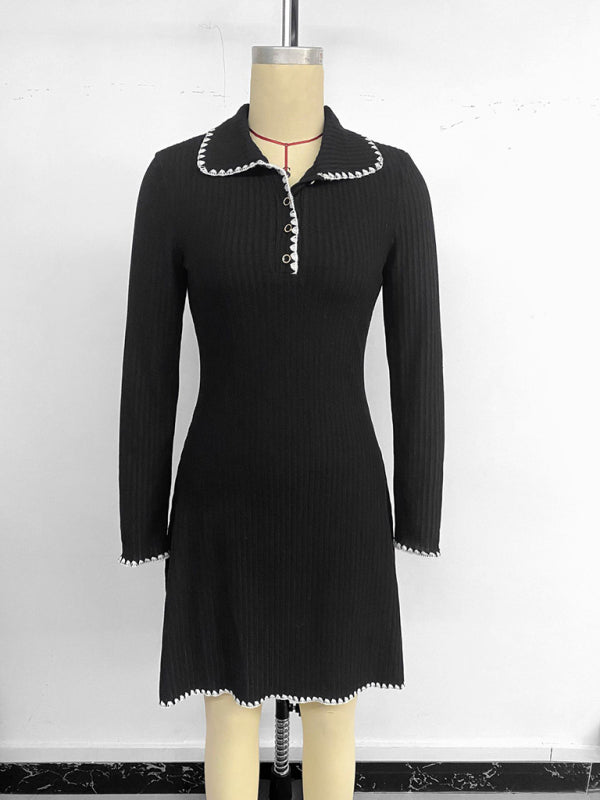 Knitted slim-waist A-line long-sleeved dress