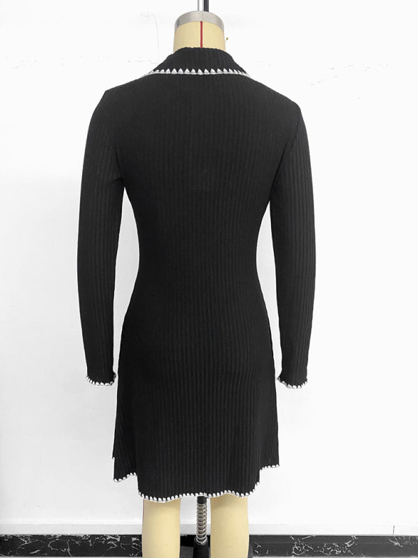Knitted slim-waist A-line long-sleeved dress
