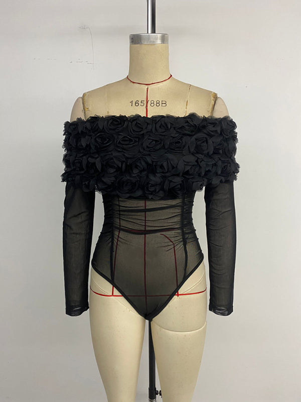 Party Hottie Sexy See-Through Mesh Off-Shoulder 3D Flower Solid Color Bodysuit