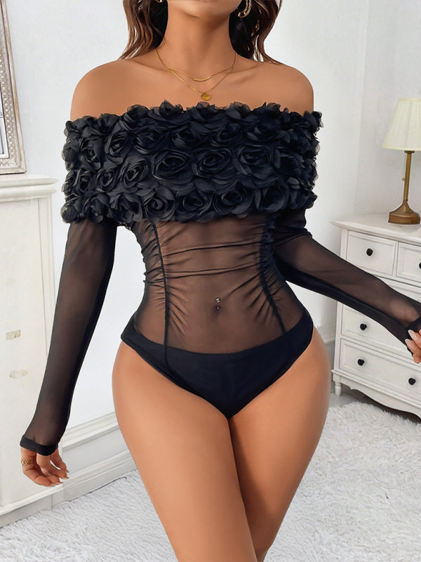 Party Hottie Sexy See-Through Mesh Off-Shoulder 3D Flower Solid Color Bodysuit