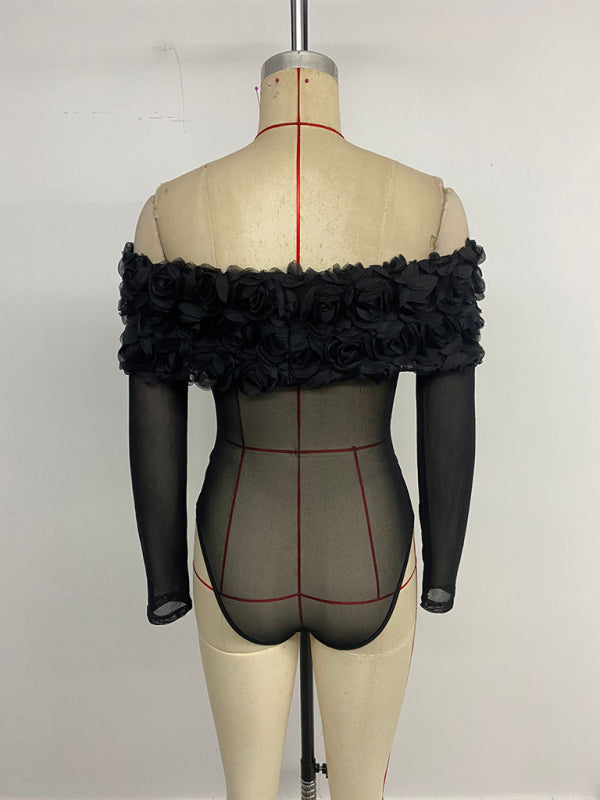 Party Hottie Sexy See-Through Mesh Off-Shoulder 3D Flower Solid Color Bodysuit