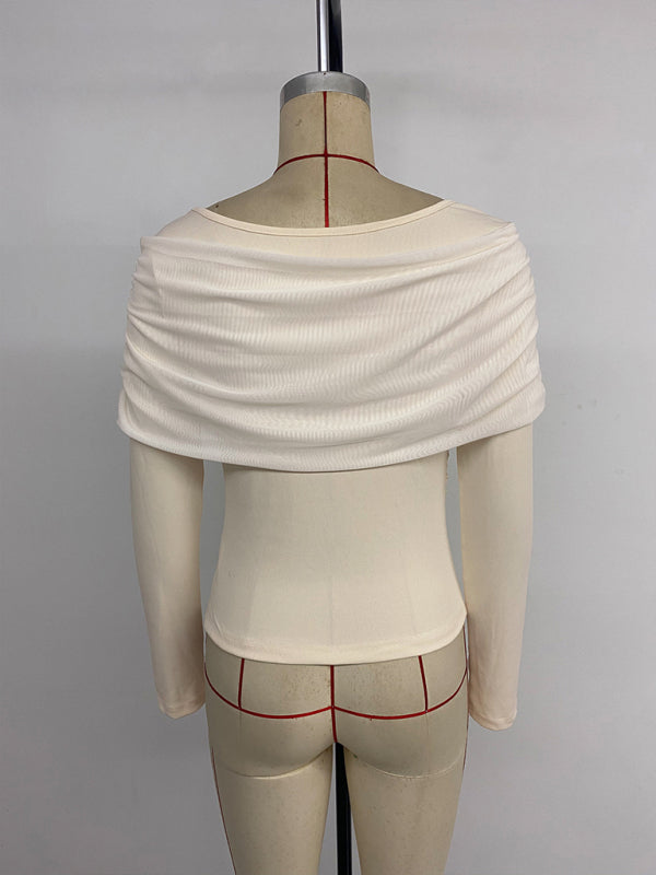 U-neck off-the-shoulder sweater with butterfly knot design and long sleeves