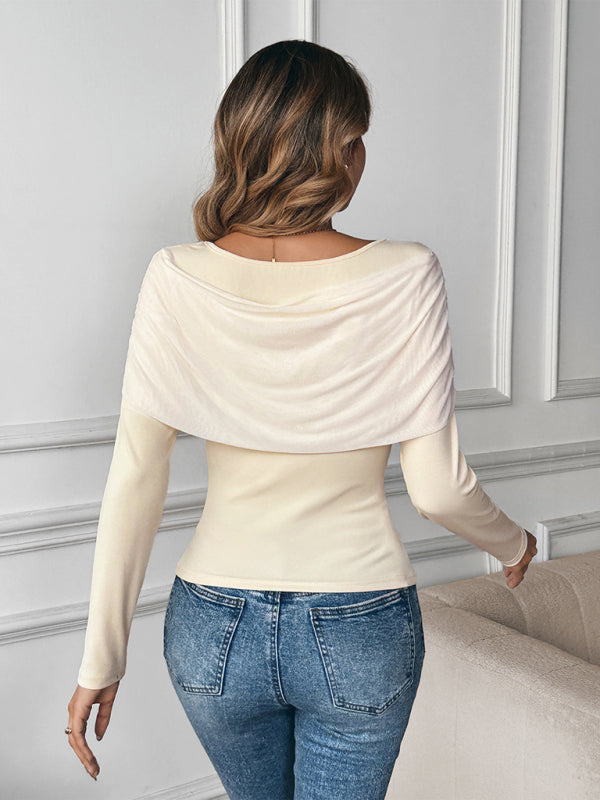 U-neck off-the-shoulder sweater with butterfly knot design and long sleeves