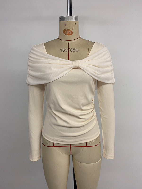 U-neck off-the-shoulder sweater with butterfly knot design and long sleeves