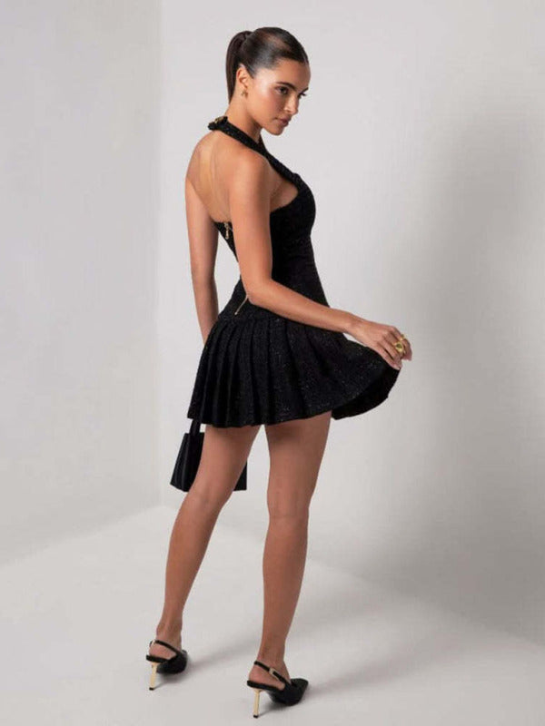 Gold Buckle Halter Neck Braided Pleated Dress