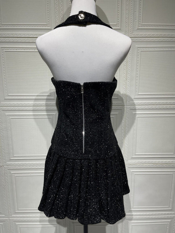 Gold Buckle Halter Neck Braided Pleated Dress