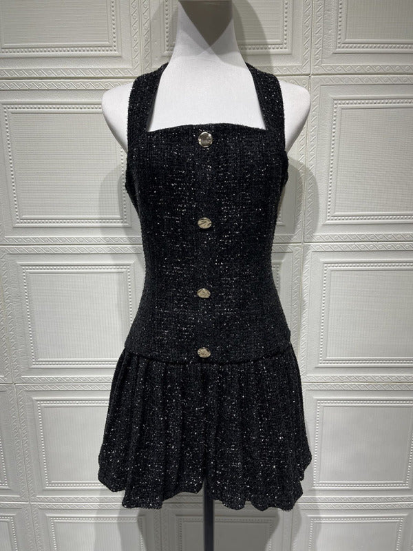 Gold Buckle Halter Neck Braided Pleated Dress