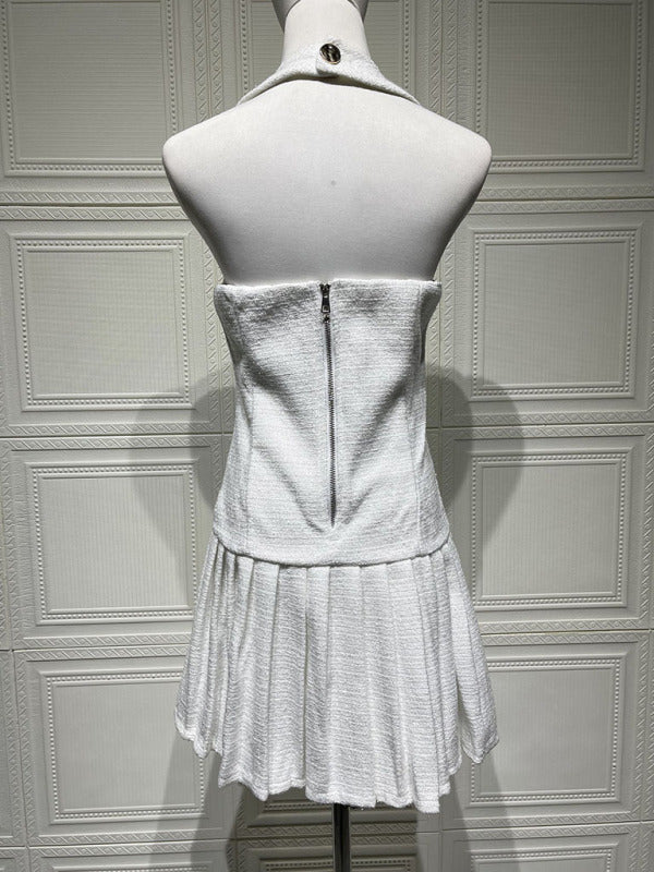 Gold Buckle Halter Neck Braided Pleated Dress