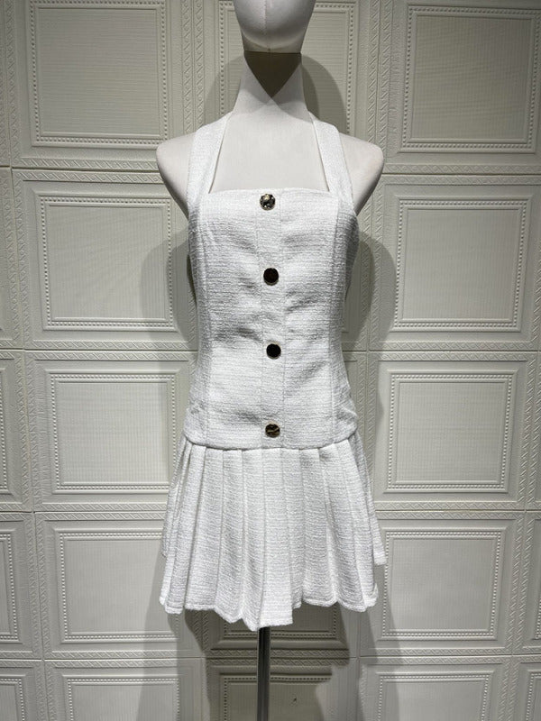 Gold Buckle Halter Neck Braided Pleated Dress