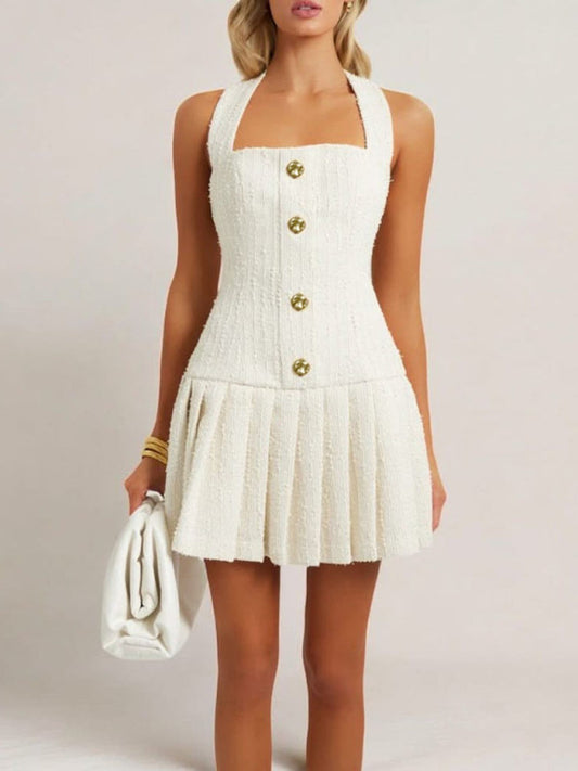 Gold Buckle Halter Neck Braided Pleated Dress