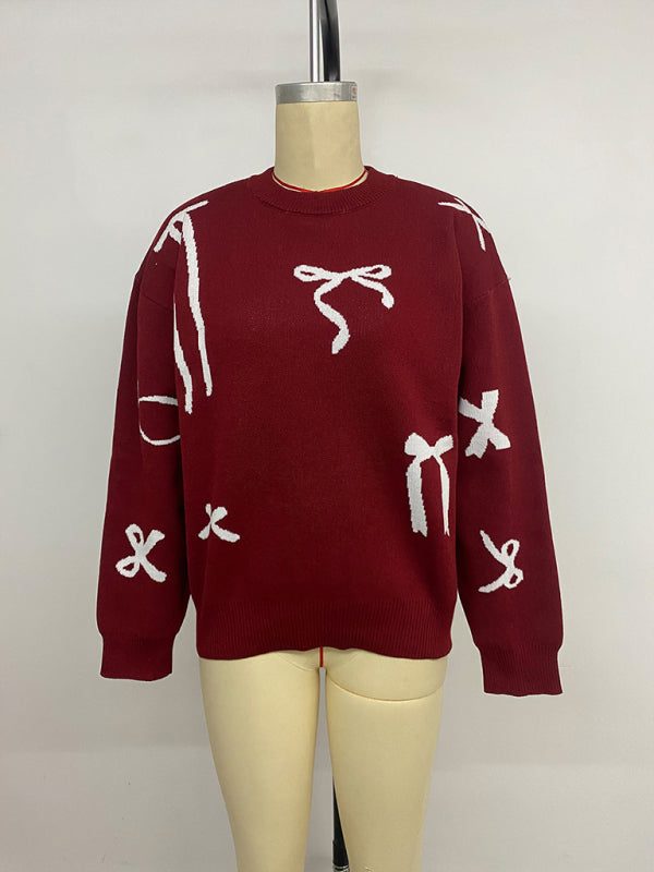 Red Bow Jacquard Sweater