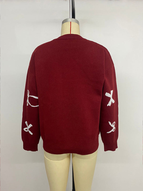 Red Bow Jacquard Sweater