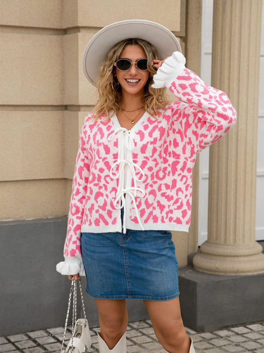 Leopard jacquard tie cardigan knitted cropped sweater jacket
